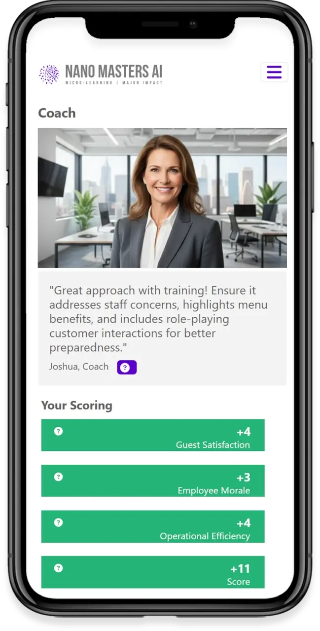 Nano Masters AI platform preview on mobile (AI microlearning simulations)