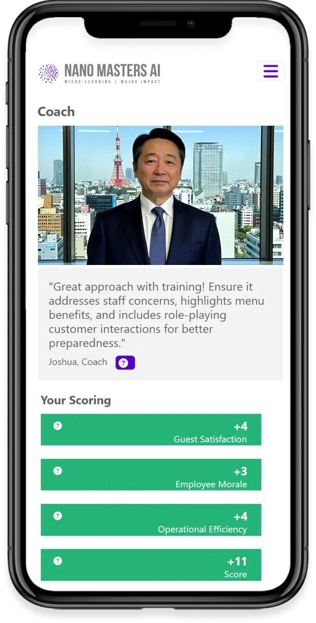 企業向けAIマイクロラーニング（シナリオ型研修）の画面イメージ｜Nano Masters AI