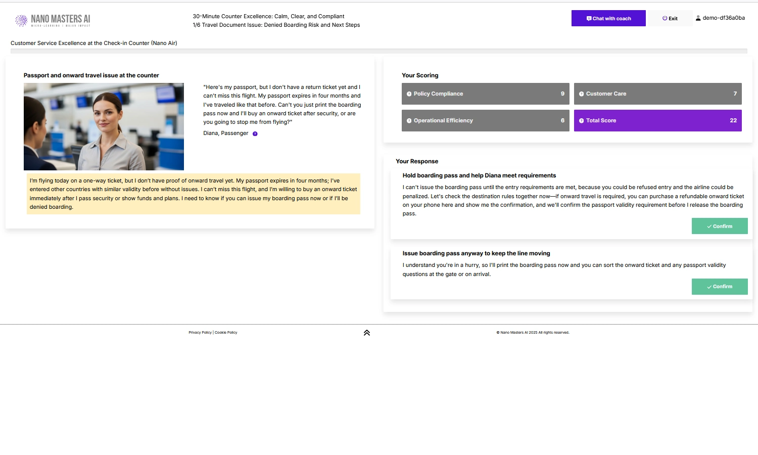 Scenario-based training simulation: follow-on challenge screen