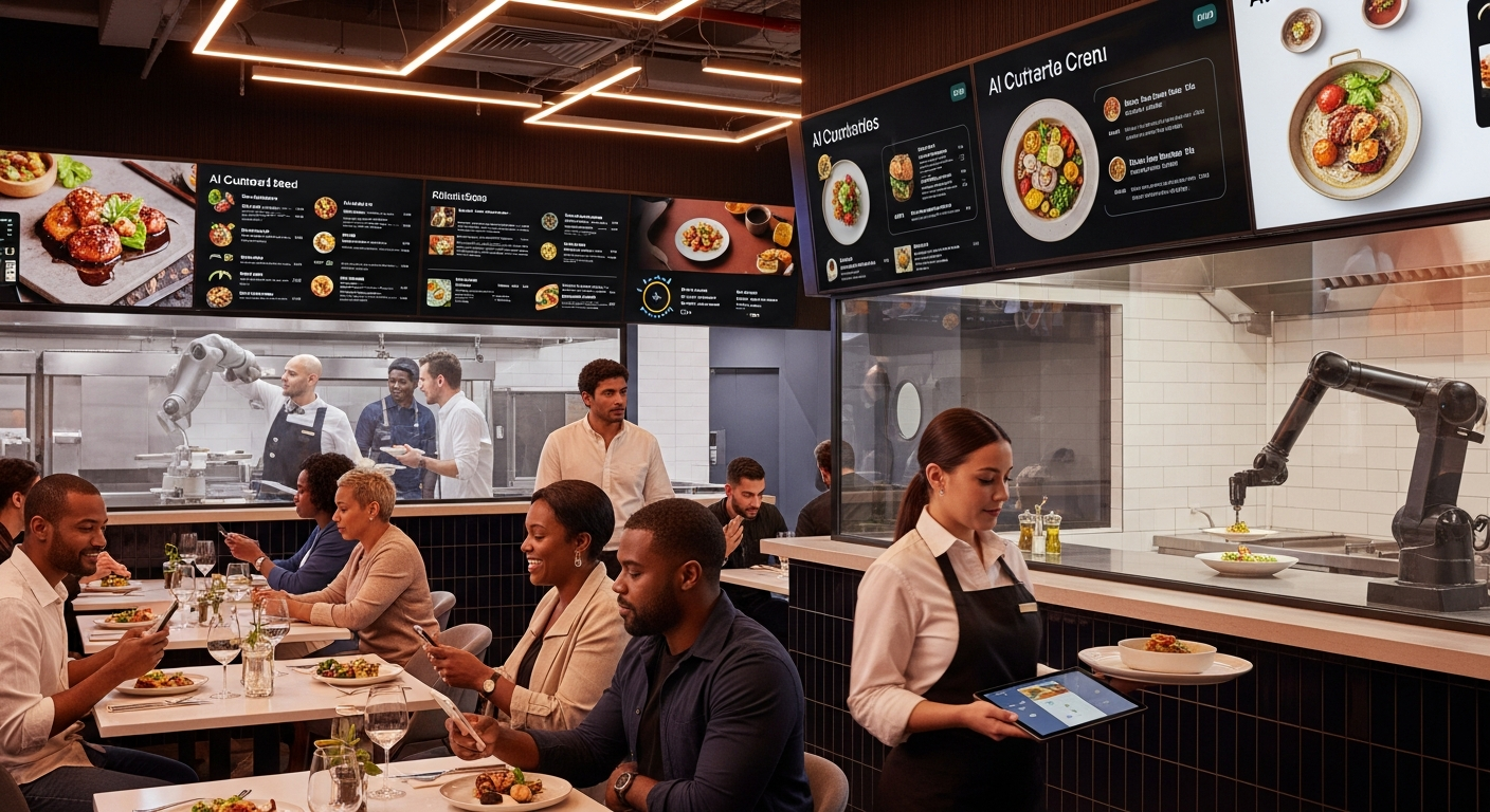 Customers dining at a Nano Masters AI Restaurant Chain location